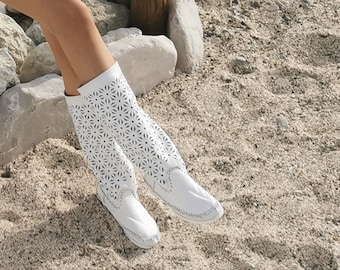 MARGO - White Leather Boots - Barefoot Boots - Perforated Boots - Handmade Summer Boots - Wedding Shoes - Gypsy Boots