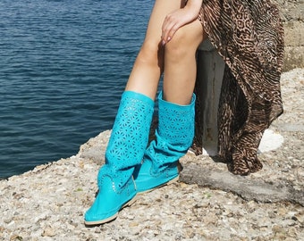 MARGO - Turquoise Leather High Moccasin - Inca Boots - Perforated Boots - Bride - Barefoot Moccasins - Handmade - All Sizes