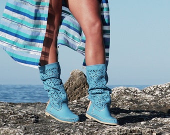 MARGO - blue leather Inca boots - handmade boots - women's summer boots - Casual boots - Barefoot moccasins - Italy