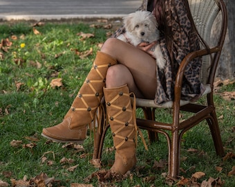 Studded RHOMBUS - Beige mixed leather boots - Boots with suede upper - Custom made boots - Handmade boot for women - Italy
