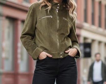 Women's Surface pony hair jacket - 90s - minimalism - olive green - new with tag - size 44 EU - Mandarin collar -