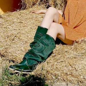 Green Slouch Boots Etsy