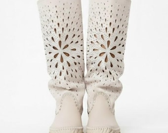STELLA - Ivory Leather Boho Boots – Hand-Sewn Crystal Mandala Boots – Perforated Summer Boots – Handmade Women's Shoes