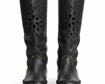 STELLA - Soft Black Calfskin Boots - Hippie Boots - Horse Riding - Barefoot Shoes - Handmade - High Moccasins
