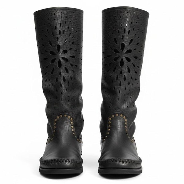 STELLA - Zachte zwarte kalfsleren laarzen - Hippie laarzen - Paardrijlaarzen - Blotevoetenschoenen - Handgemaakt - Hoge mocassins