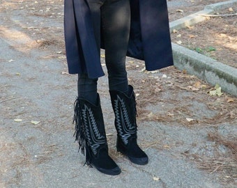 TEXANO con flecos - Botas media caña - Mocasines bordados - Cosacos otoño invierno - Botas camperas - ante - Italia