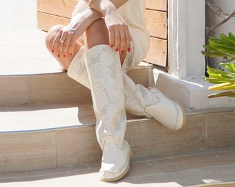 LACE Flowers - Milk Color Boots - Calfskin Boots - Wedding Boots - Handmade in Italy - Barefoot Boots