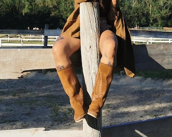 Rust TEXANO - Embroidered boots - Women's Cossacks for mid-season - Texan boots in goat suede - made in Italy