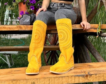 STAR - yellow boots - Leather boot - Spring summer boots - Embroidered shoes - Handcrafted boots - Made to measure shoes - women's shoes