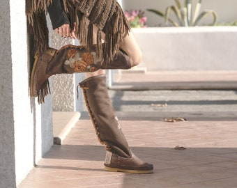 PINK brown - Goat suede floral embroidery boot - Winter sheepskin boots - Women's country boots