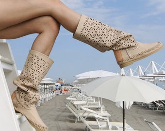 MARGO - Milky white leather high moccasin - Inca boots - Perforated boots - Wedding boots - Barefoot moccasins - handmade