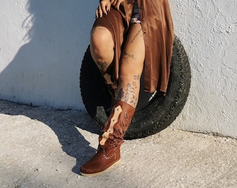 INDIANINI - Copper leather boots - Perforated summer moccasins - Inca shoes - Women's shoes - Leather boots - Barefoot boots