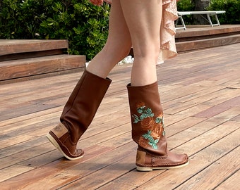 The ROSE - brown - Soft calf leather boot - Spring summer boots - Embroidered shoes - Handcrafted boots - Custom shoes