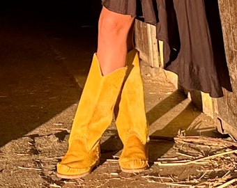 Yellow Pony Hair Cowboy Boots with Low Heels and Round Toe - Women's Texan Boots - Mid-Season Cowboy Boots