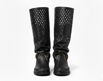 ROMBO - Black Indian Leather Boots - Boho Style - Gipsy and Festival - Handmade Shoes - Slouchy Boots - Handmade Leather Boho Boots