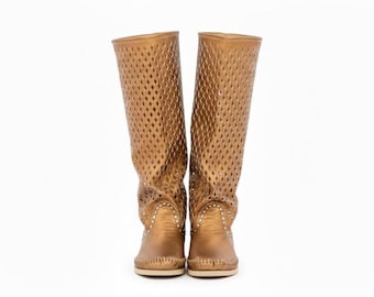 ROMBO - Perforated Bronze Leather Summer Boots - Handcrafted Boho Chic Style - Women's Moccasin - Festival Boots - Spring/Summer - Handmade