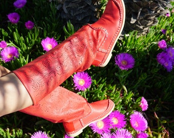 LACE - Authentic boots - Barefoot boots - Red perforated leather Inca boots - Last size - Women boots - Handmade