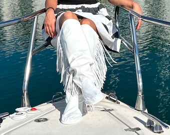 FRANGE - White calfskin boots with fringes - Women's mid-season boots - Handmade boots - Italy - white fringe boot