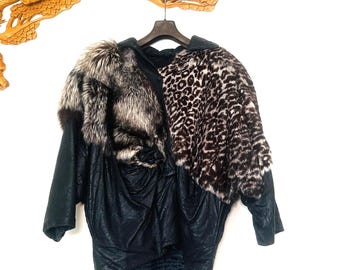 Vintage Black Leather Jacket with Real Leopard Rex Fur | Oversized Batwing Style | Designer Statement Coat