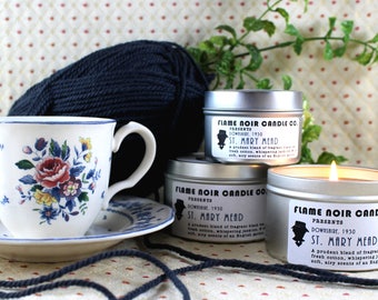 St. Mary Mead // Miss Marple // Handmade Bookish Soy Candle // Black Tea, Cotton, Jasmine, Florals - Agatha Christie Fandom by Flame Noir