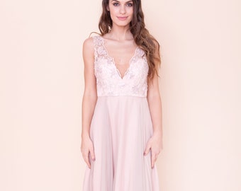 Embroidered beaded blush pink prom evening dress with fluid chiffon skirt
