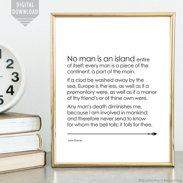 John Donne Quote, No Man Is An Island, Literature Art Print for Library Decor, Office or Home Wall Art