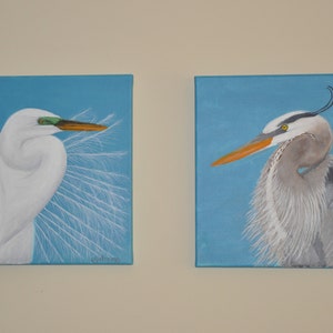 Great egret and great blue heron pair of original paintings