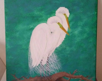 Egret pair portrait original acrylic painting