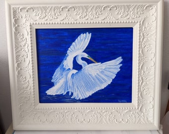 Beautiful great egret painting on canvas board framed with solid  white wood frame