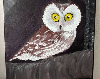 Saw whet owl original artwork on canvas.