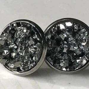 Earrings - Gunmetal Silver Druzy in Silver Setting