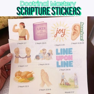 May include: A sheet of "Doctrinal Mastery Scripture Stickers" featuring illustrations such as a person flexing, a book, a sunburst with "joy", an ear, hands in shackles, a family, and a plate of food. Scripture references are included.