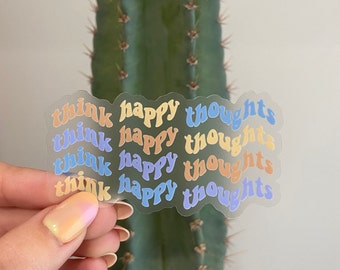 Think Happy Thoughts Sticker, 3inx1.65in, Waterproof Vinyl Stickers for Laptops, Phones, Water Bottles, Bullet Journals