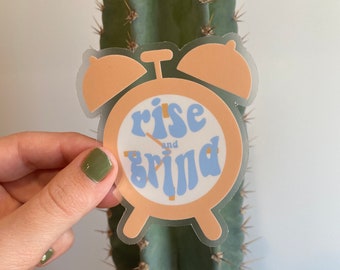 Rise and Grind Sticker, Retro, Transparent, 2.6x3in, Waterproof Vinyl Stickers for Laptops, Phones, Water Bottles, Bullet Journals