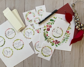 Watercolor Christmas Wreath Cards & Gift Tags (Digital Download)