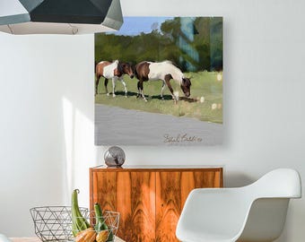 Meadow Communion Horses Art Print, Expressive Brushwork Nature Scene (Stretched Canvas)
