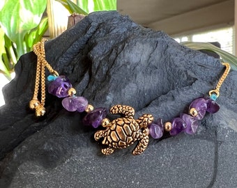 Slider Bracelet with Amethyst and Turtle Charm