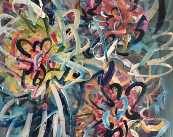 Vibrant Abstract Expressionist Painting: Cobalt Blue, Pink, Yellow Swirls – Expressive Art Print