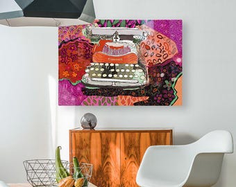 Vintage Corona Typewriter Art Print: Colorful Swirling Patterns, Retro Office Decor