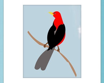 Bird Illustration, Scarlet Tanager Art, Limited Edition Print Giclee