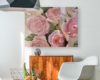 Pink Roses Floral Painting Print, Loose Interpretation Wall Art