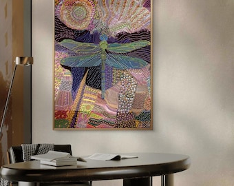 Celestial Dragonfly Wall Art – Abstract Dot Painting, Ready to Hang Statement Piece