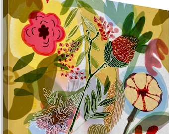 Vibrant Summer Floral Botanical Art Print: Stylized Nature Composition