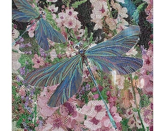 Dragonfly Art Print: Iridescent Wings, Floral Garden Scene, Nature Wall Decor