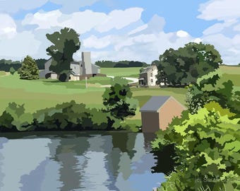Winterthur Landscape Print: Farmhouse, Barn, Lake – Scenic Wall Art