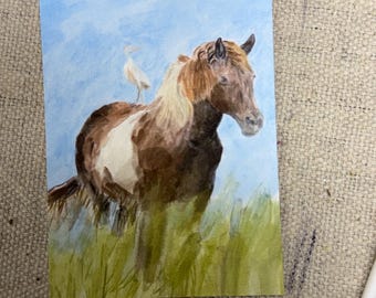 ACEO Card,2.5 x3.5 inches, Assategue Pony with a Bird on his Back, print