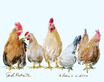 Whimsical Watercolor Hens and Dove Print – Farmhouse Chicken Art
