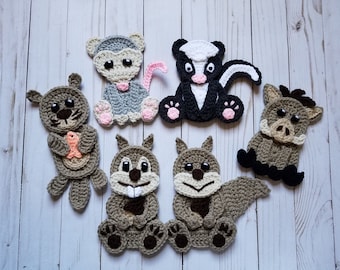 Animaux des bois Vol. Lot de 3 appliqués - Motif au crochet uniquement - Loutre - Phacochère - Opossum - Mouffette - Écureuil - Marmotte - Motif appliqué au crochet