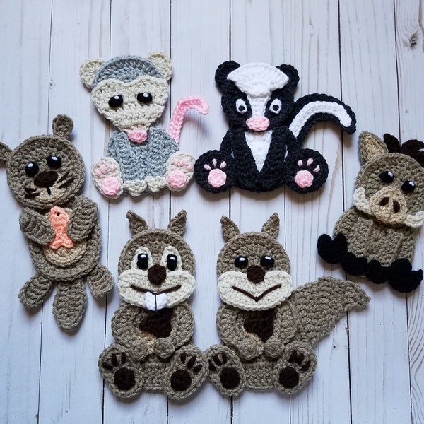 Woodland Animals Vol. 3 Applique Pack- Crochet Pattern Only- Otter- Warthog- Opossum- Skunk- Squirrel- Woodchuck- Crochet Applique Pattern