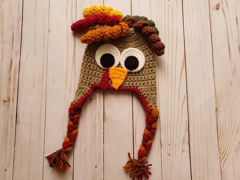 May include: A brown crocheted turkey hat with a red, orange, and yellow braided tail. The hat has large white eyes, a yellow beak, and a red wattle.